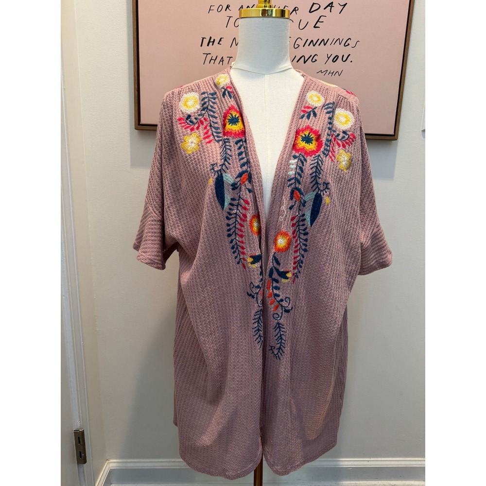 Umgee Embroidered Floral Cardigan Kimono Women's Large Boho Open Front Mauve